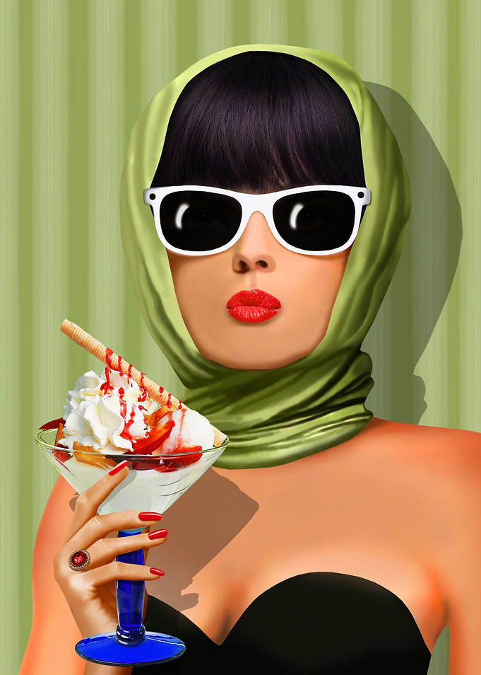 Beautiful woman with head scarf and sundaes at style of ...