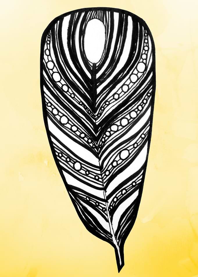 Ink illustration of a feather on a yellow watercolor ba ...