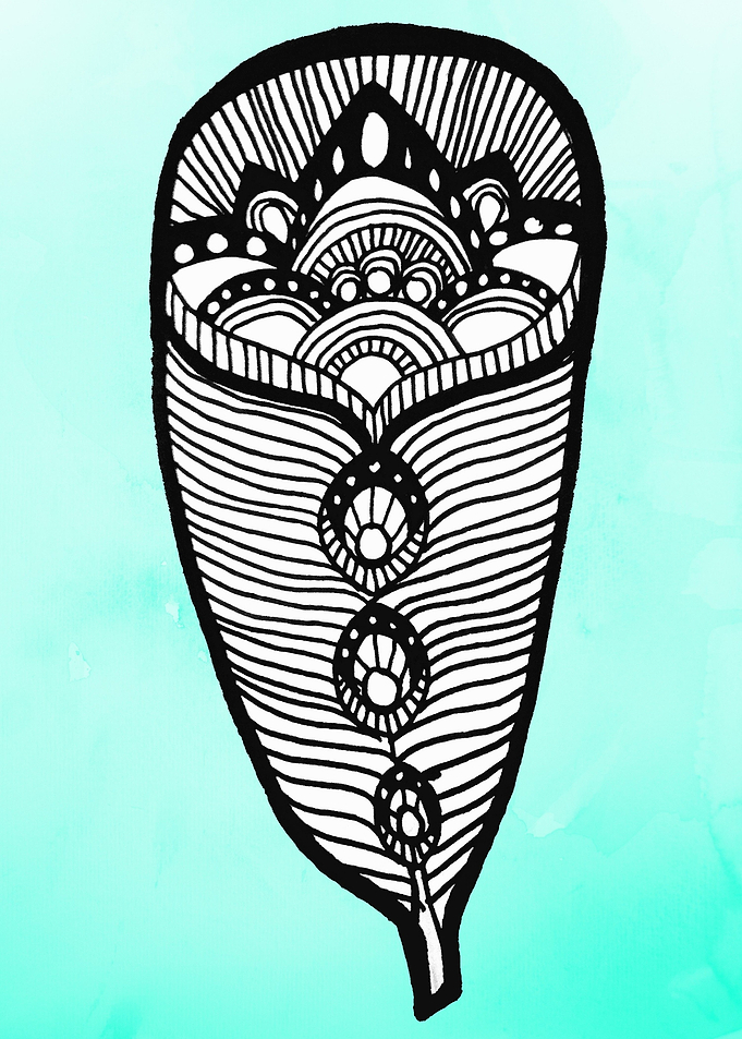 Ink Illustration of a feather on a blue background
