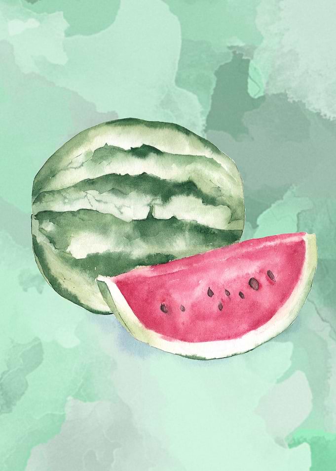 A watermelon in watercolor on a watercolor green backgr ...