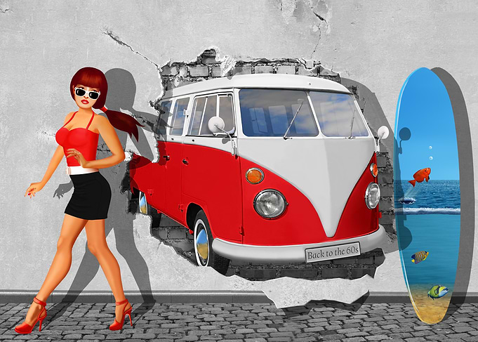 Pin-up girl with oldtimer and surfboard. Street art in ...