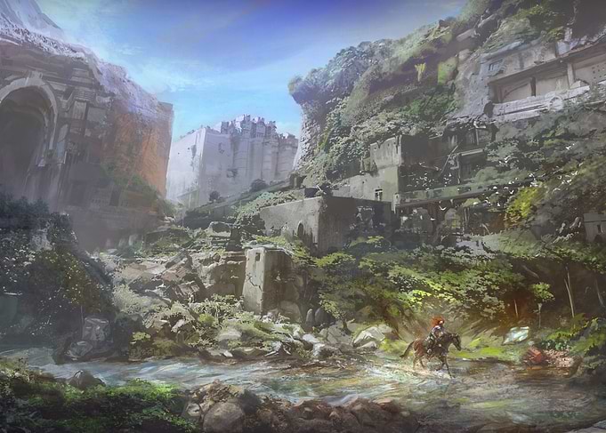 A rider racing through an ancient ruined city.