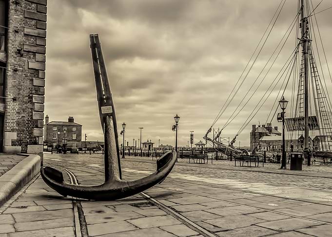 Mono image of the historic Albert Dock, Liverpool, UK, ...