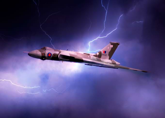 Avro Vulcan Bomber XH558 set against a lightning bolt