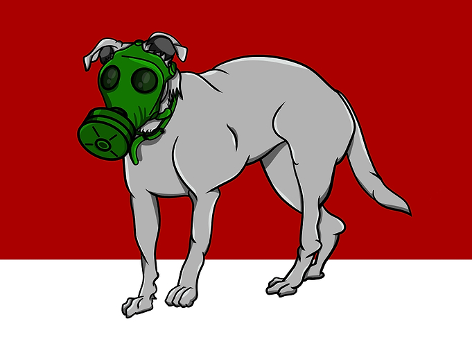A dog wearing a military style gas mask.