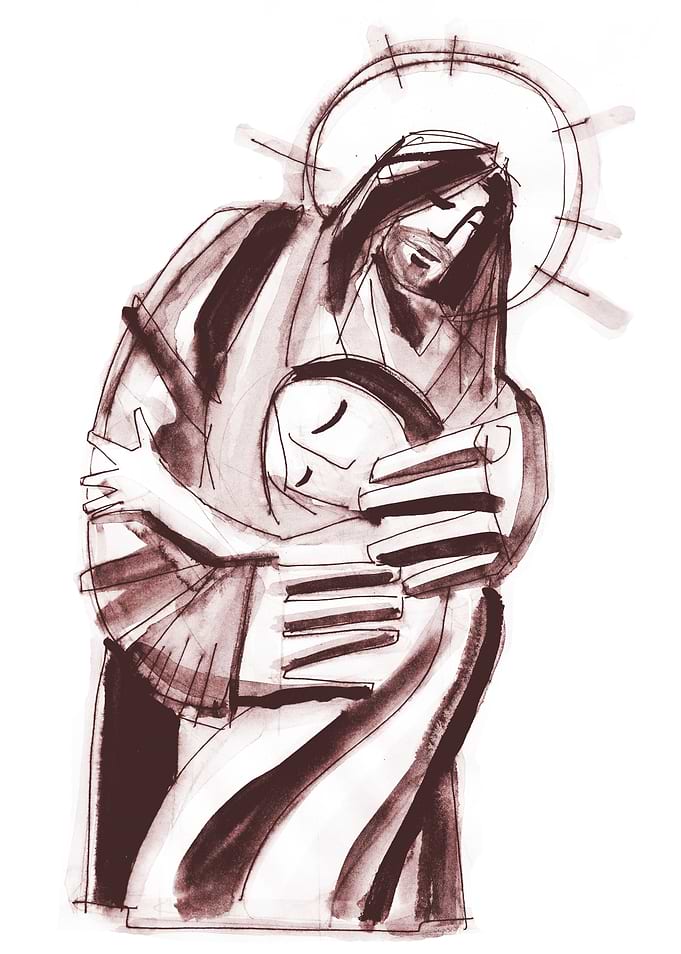 Hand drawn illustration or drawing of Jesus Christ hugg ...