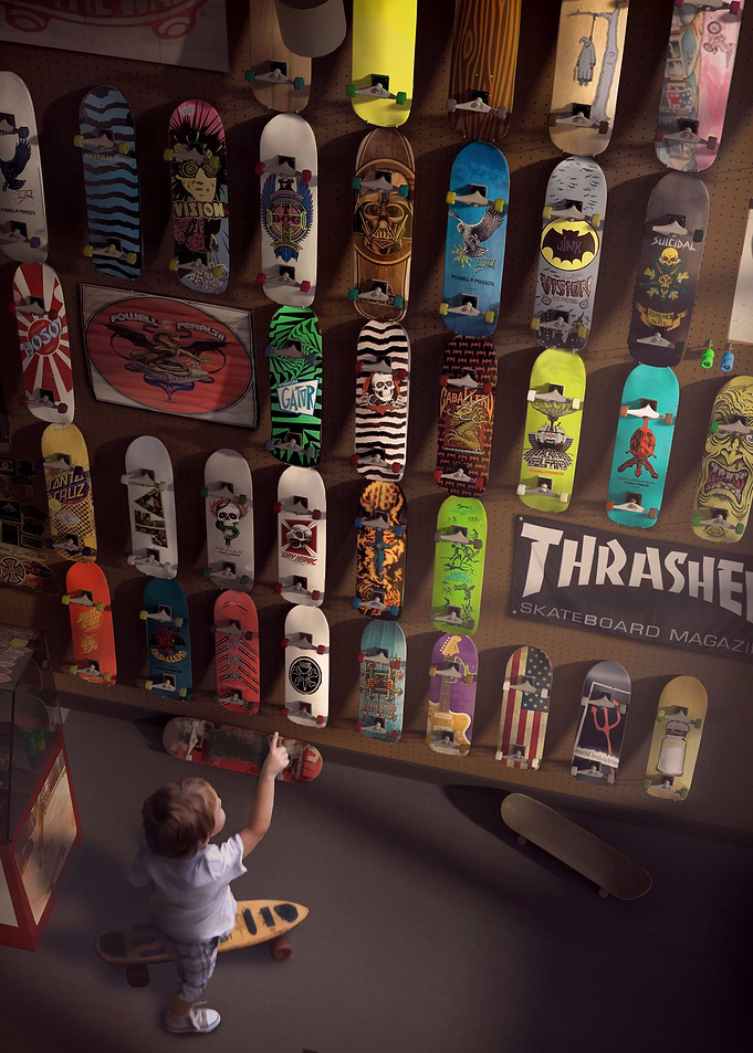 A young boy looks at the wall and cant wait to ride one ...