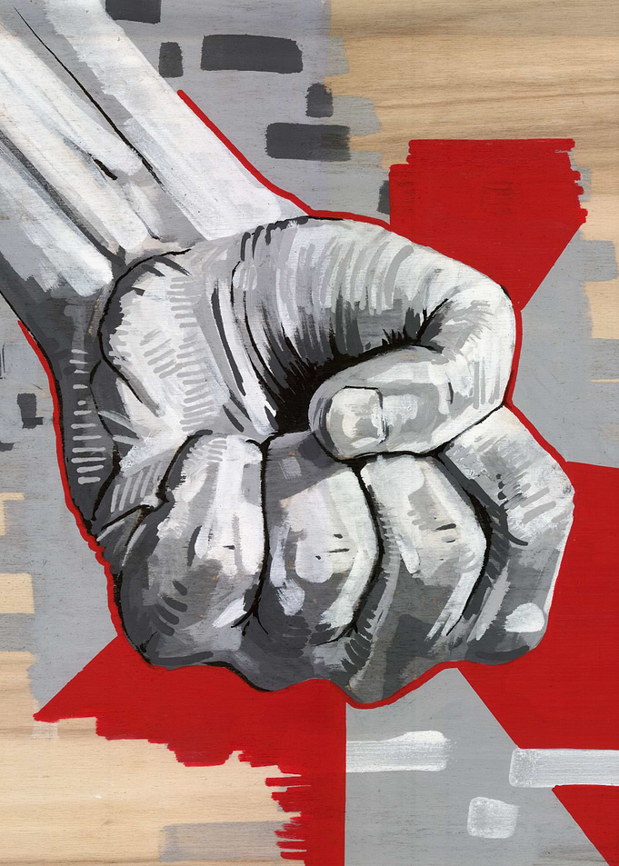 left fist in black and white acryl color on wood panel ...