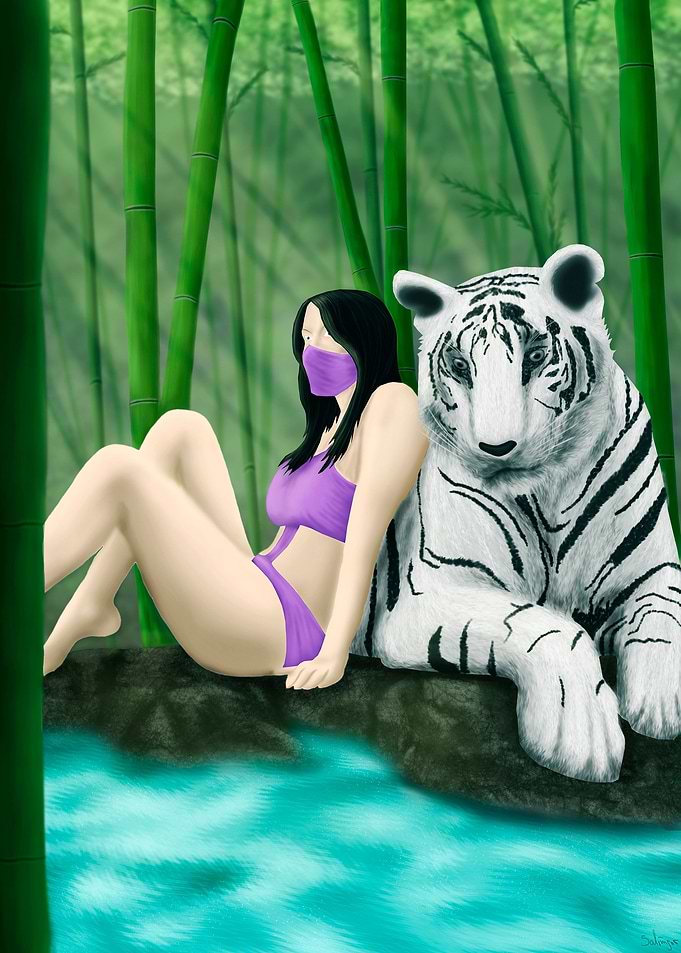 ninja girl and tiger relax in bamboo garden (colour ver ...