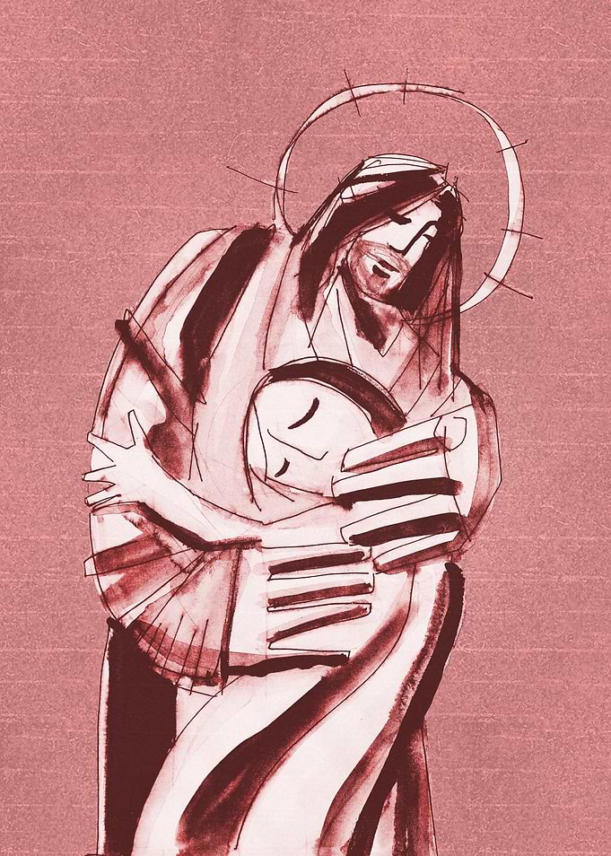 Hand drawn illustratio or drawing of Jesus Christ huggi ...