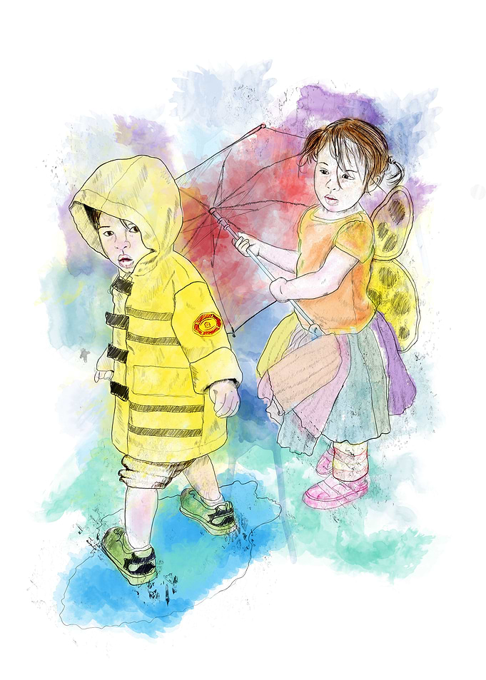 Kids playing in a rain puddle.