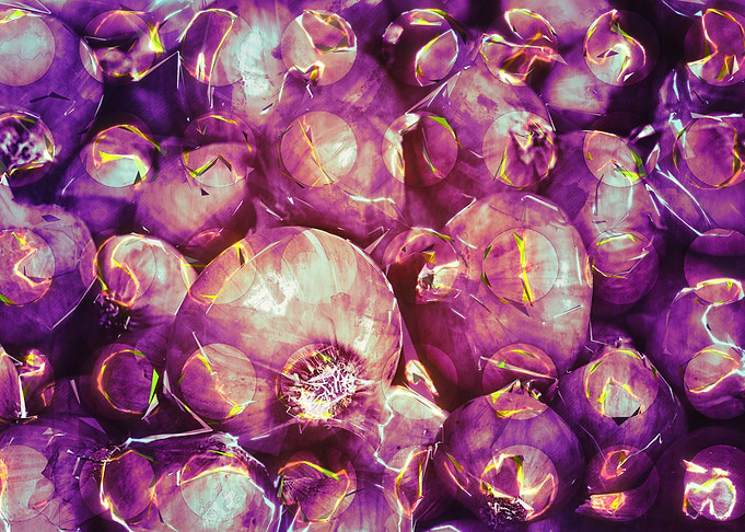 An abstract art of onions at the market. Light and circ ...