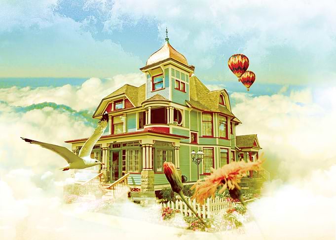 House In Cloud v2 - Fantasy Digital Art of a vintage wo ...