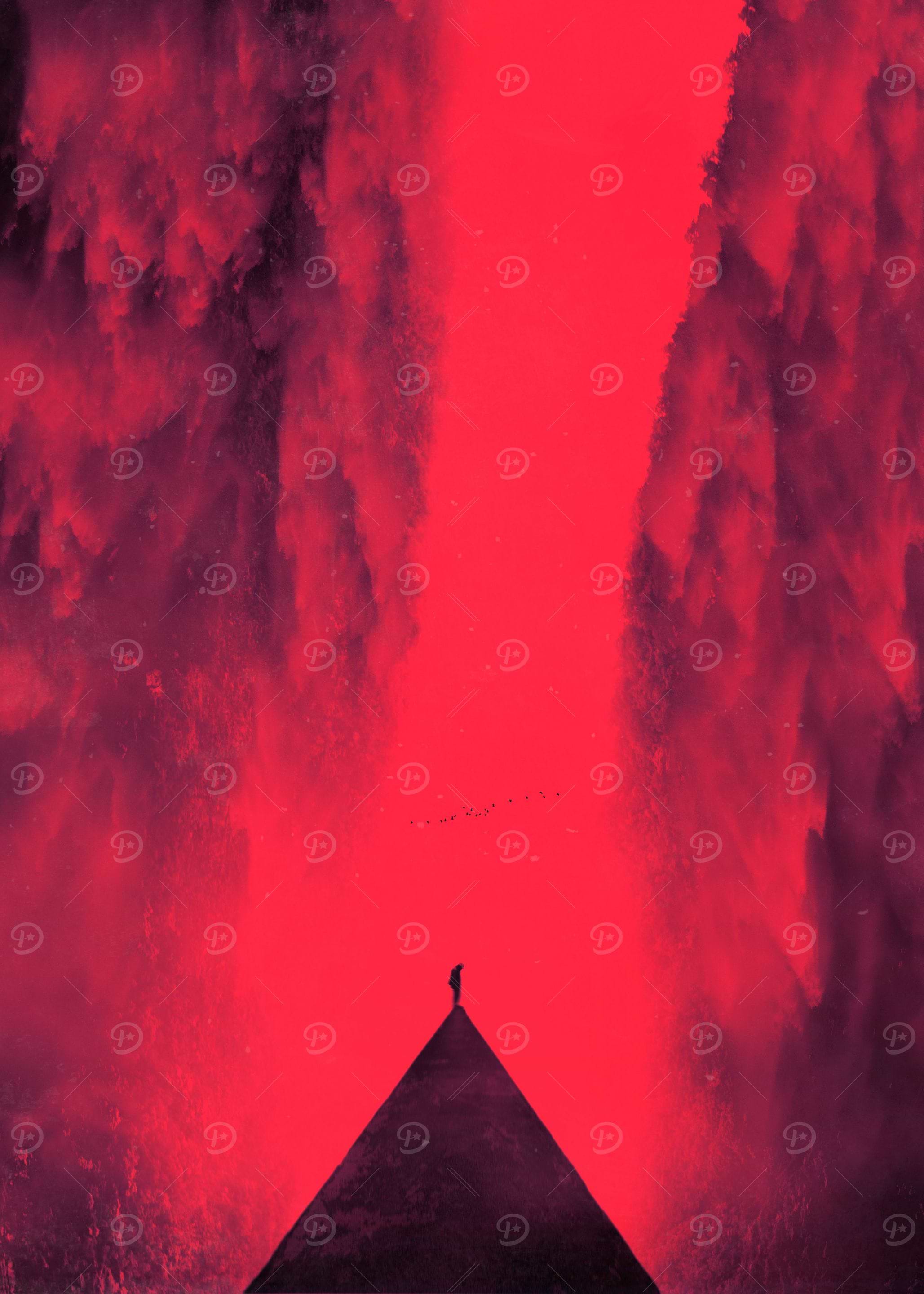 Red tinted surreal landscape with a lone person at the ...