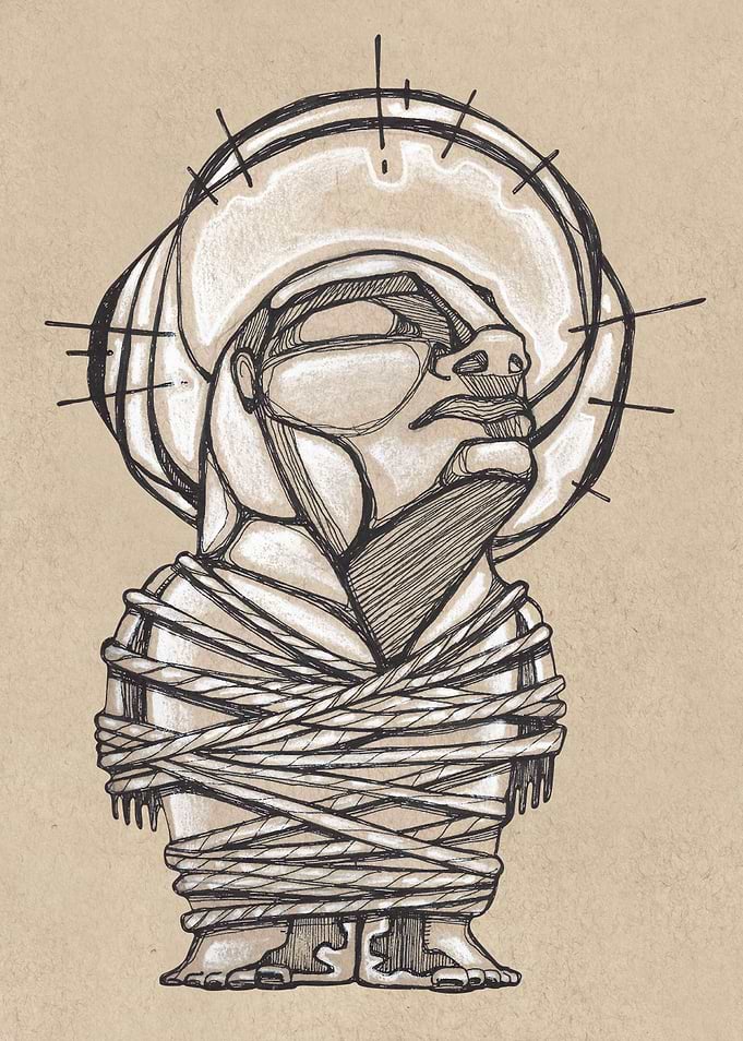 Hand drawn illustration or drawing of a man tied with r ...