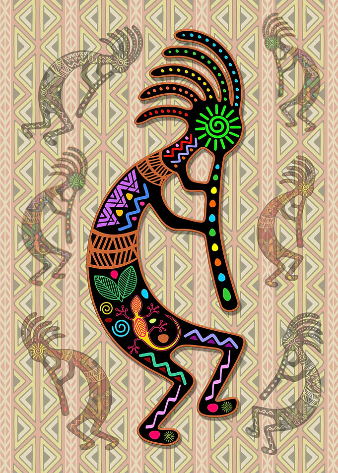 Kokopelli Rainbow Colors on Tribal Pattern