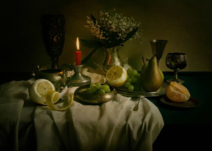 Still life with fruits and metal dishes