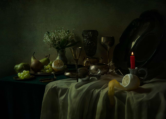 Still life with metal dishes, fruits and fresh flowers