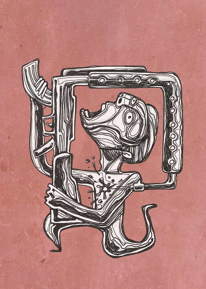 Hand drawn illustration or drawing of a man with a riff ...