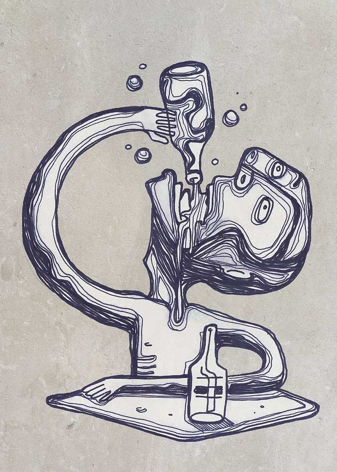 Hand drawn illustration or drawing of a man drinking be ...