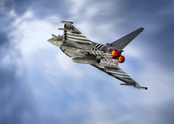 RAF D-Day Eurofighter Typhoon pulling in to a rapid cli ...