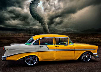 arty automotive painting of a yellow and white chevvy B ...