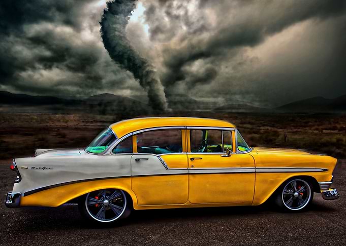 arty automotive painting of a yellow and white chevvy B ...