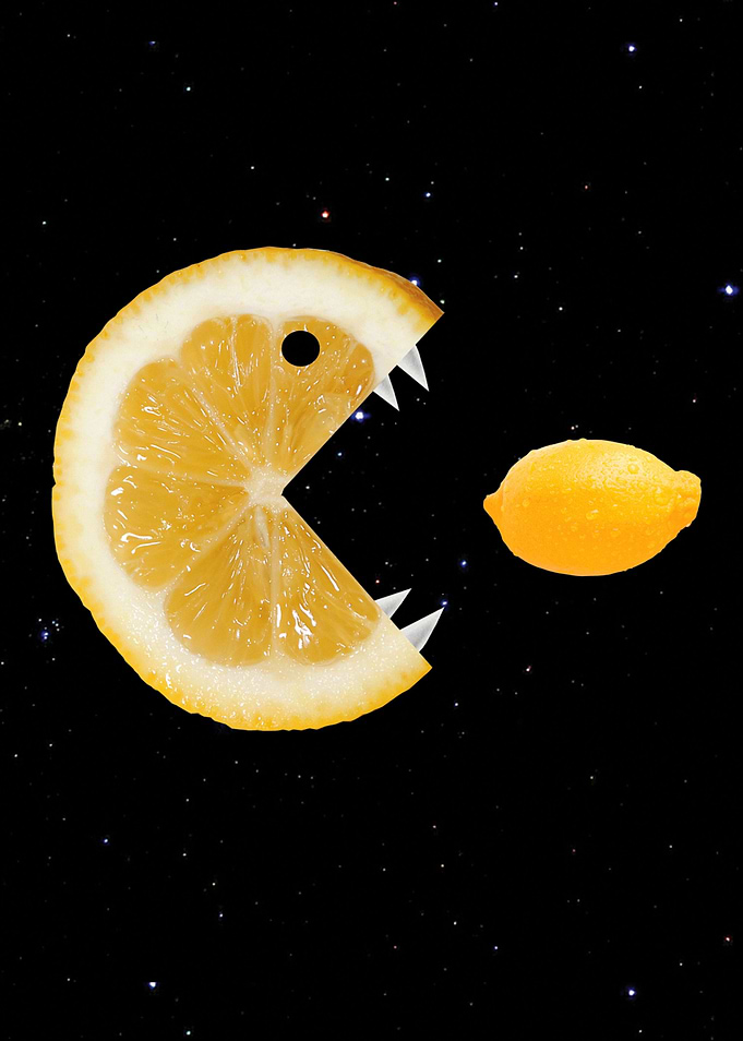 Funny lemon who has shark teeth and chases another lemo ...