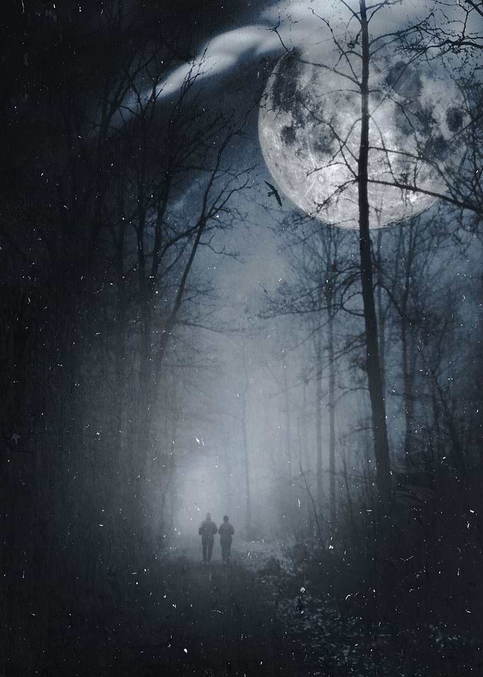 A couple walking under a big full moon...