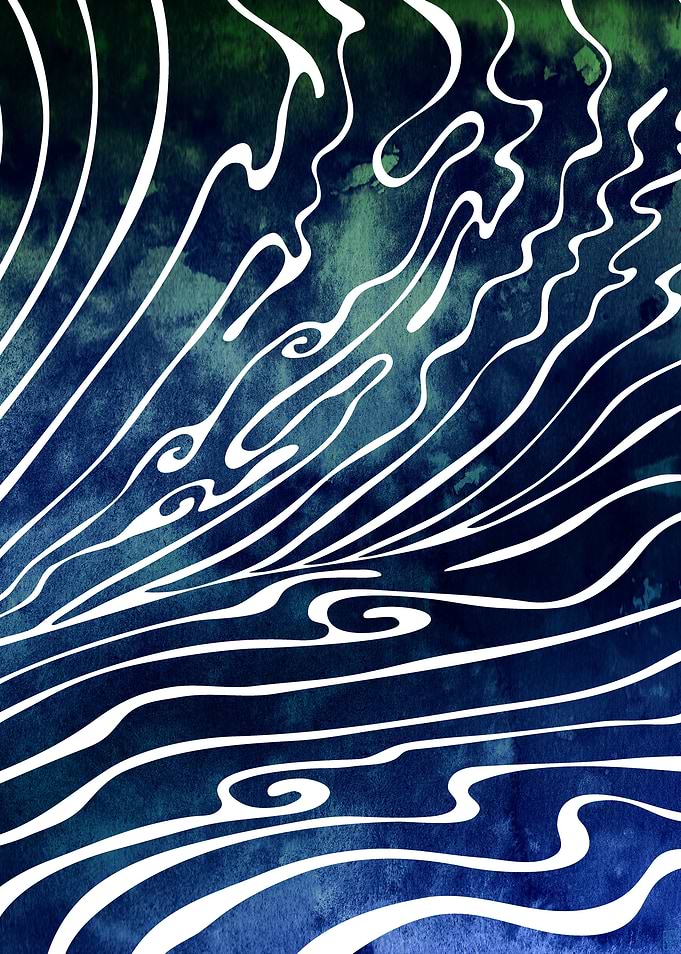 Wine Dark— A wave rendered in vector lines and watercol ...