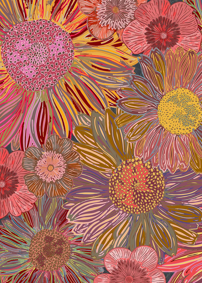 Pretty daisies and buttercups in a retro-style, vibrant ...