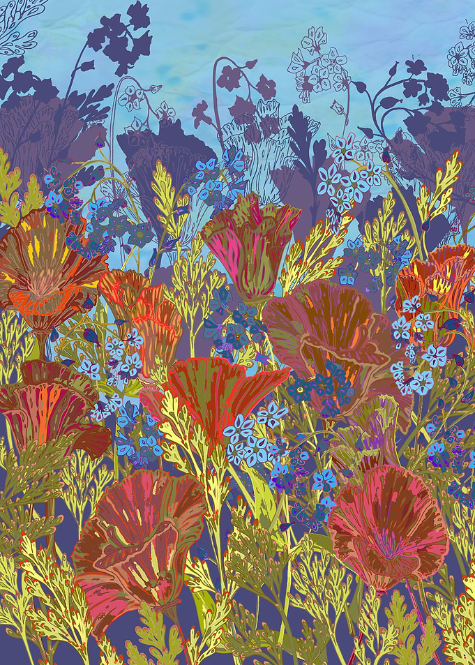 Intricately drawn poppies and forget-me-not flowers wit ...