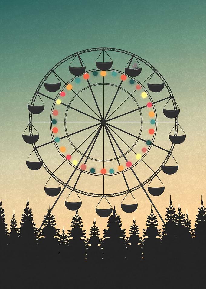 Illustration of a cat in a Ferris wheel at the sunset. ...
