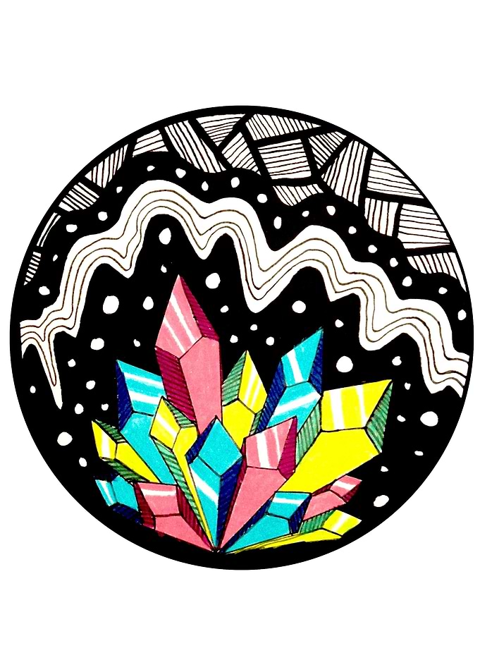 Ink and Prismacolor illustration of a green, blue, and ...
