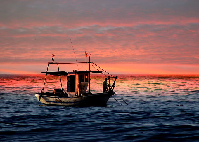Spanish fisherman out in the sea at sunrise. By Clare ...