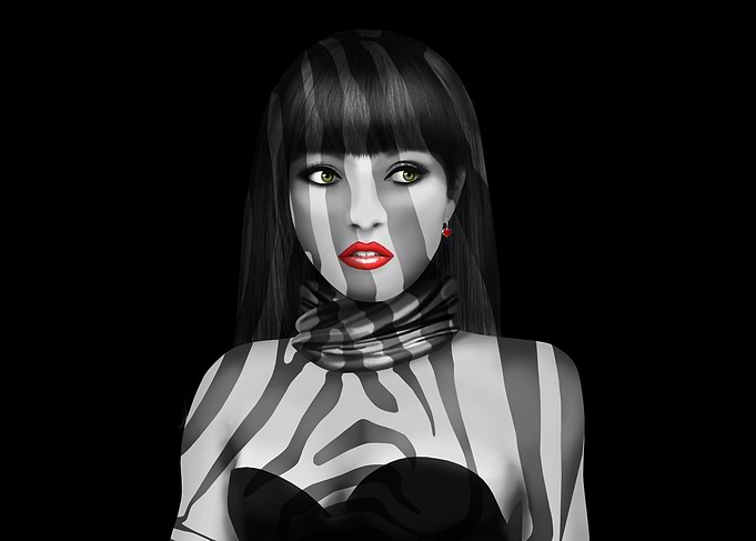 Beautiful woman with green eyes, red lips and stripes i ...