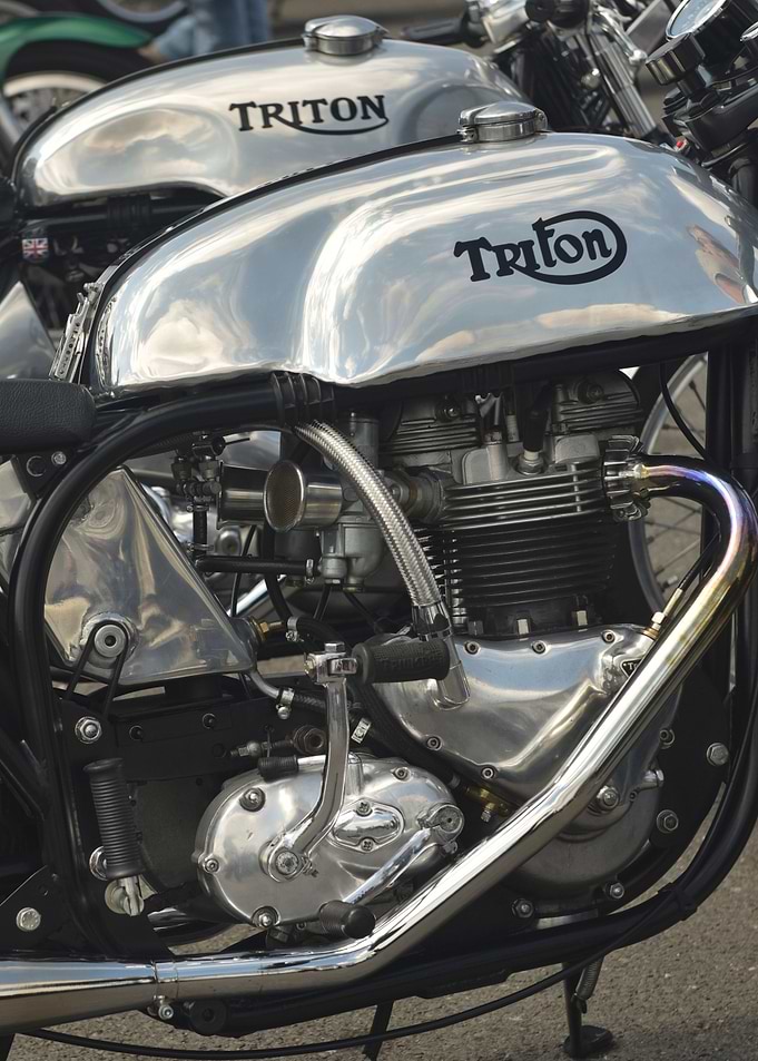close up of a classic British Triton motorcycle