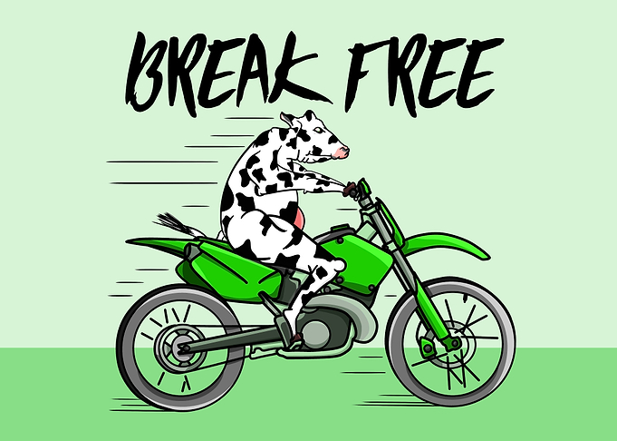 A cartoon cow escaping from a farm on the farmers green ...