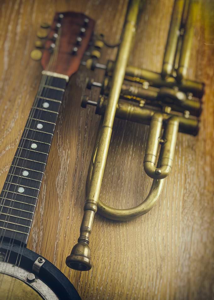 Detail of mandolin-banjo and trumpet laying on wooden s ...