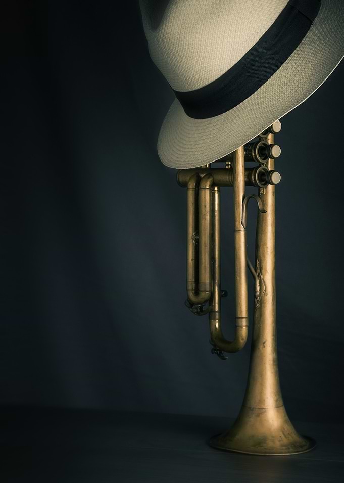 Vertically standing trumpet with fedora hat on top over ...
