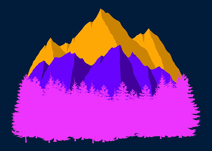 Modern art of trees and mountains.