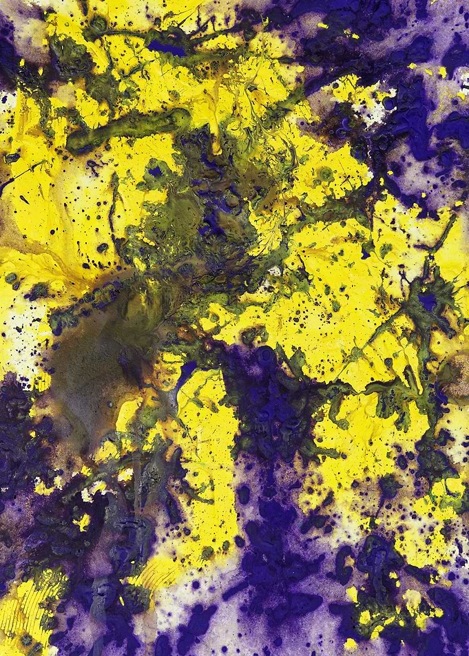 This is an abstract painting titled 'Purple Marries Yel ...