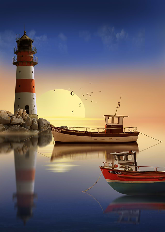 The lighthouse in harbor with fishing boats in the sunr ...