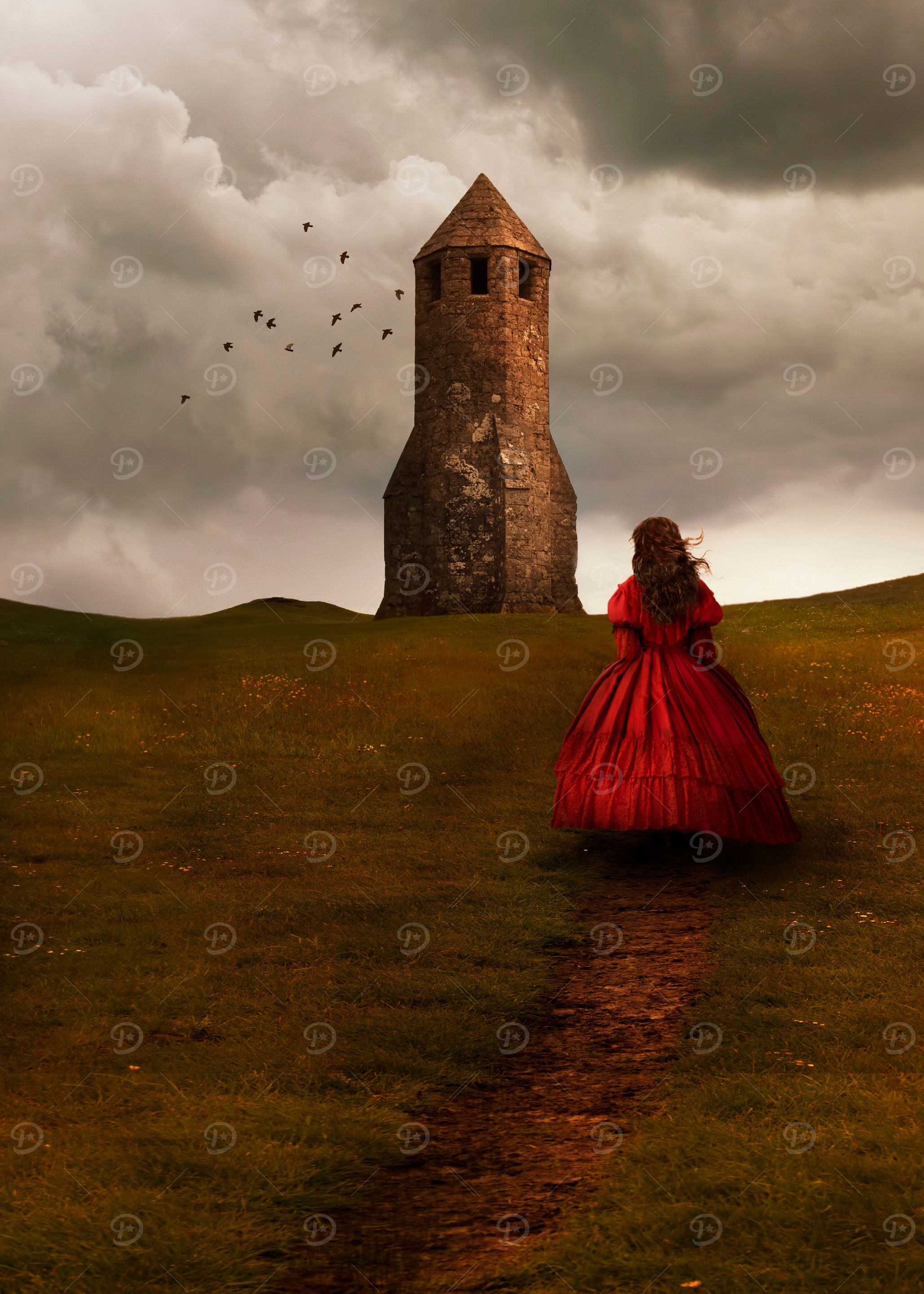 Red dressed girl running to the old tower