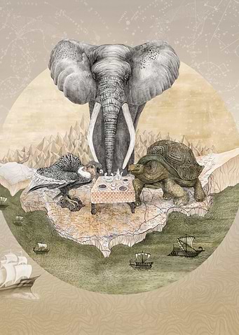 'Animal Council' pencil, tea, watercolors and inks on p ...
