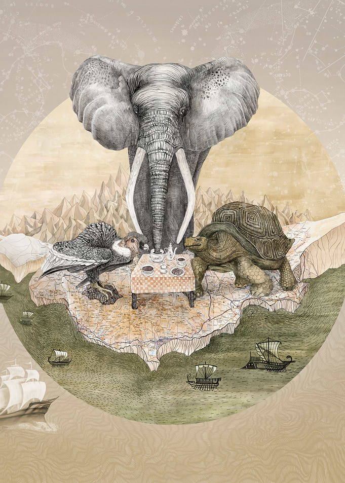 'Animal Council' pencil, tea, watercolors and inks on p ...