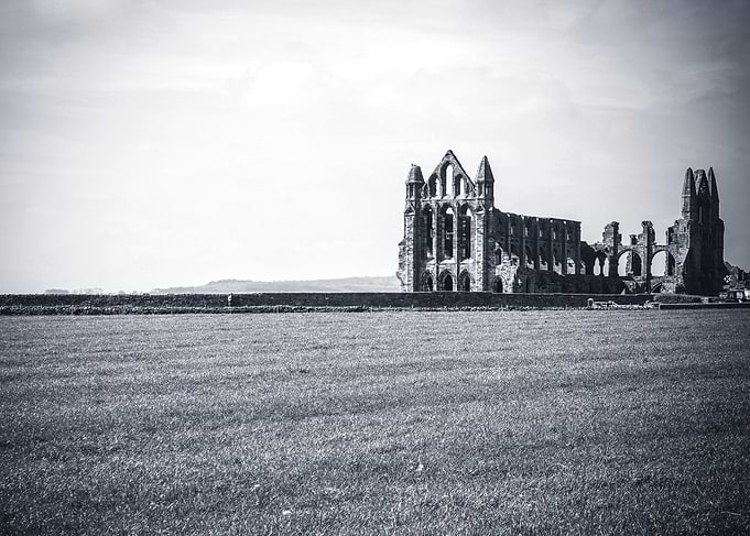 Landscape black and white photograph of Whitby Abbey