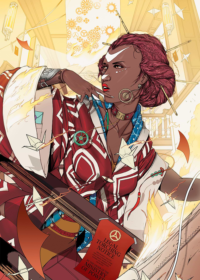 Woman in a kimono escaping a fire