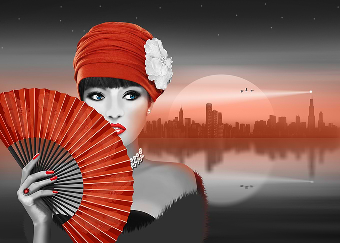 Beautiful woman in front of a skyline at night. In the ...