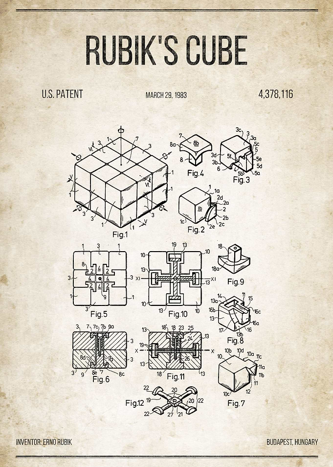 Rubik's Cube U.S. Patent #4,378,116 on old paper.